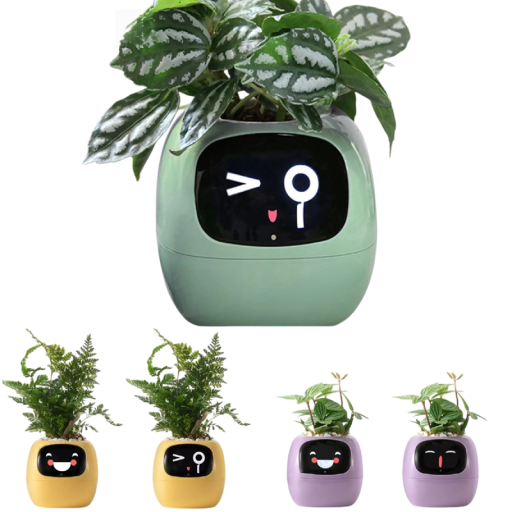 Vaso da fiori autoirrigante intelligente con display, oltre 49 espressioni e 7 sensori, 11,4 × 10 × 9,6 cm, chip AI, Wi-Fi, per piante d'appartamento