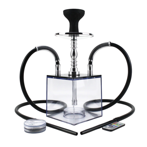 Vattenpipa shisha box LED-ljus och fjärrkontroll Två slangar Höjd 41 cm Transparent akryl och aluminium För tobak och smaker hookah