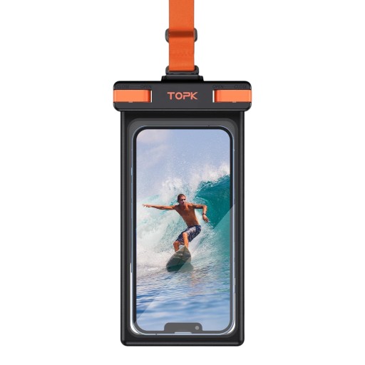Vattentätt telefonfodral 20 x 10,3 cm med IPX8-skydd svart med orange rem för halsen och genomskinligt fönster för kamera