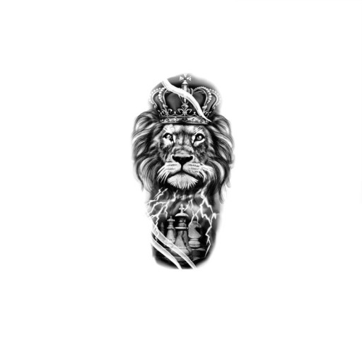 Vedenpitävä väliaikainen tatuointi 21 x 11,4 cm Leijona kruunulla shakkilaudan päällä ja salamalla Kuninkaallinen aihe Helppo kiinnittää Kestävä tatuointi Eläinkuvio