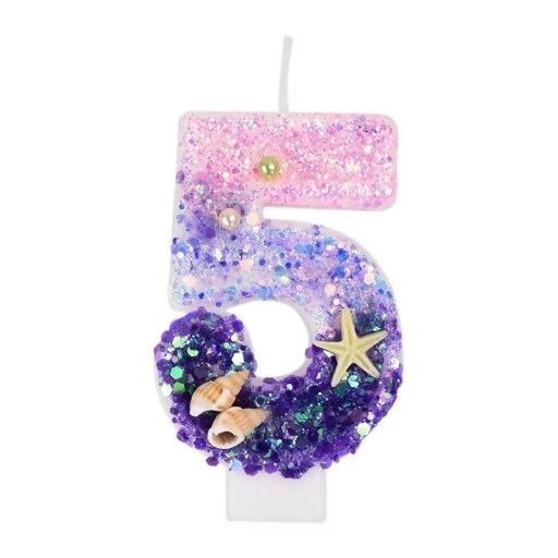 Vela de cumpleaños con forma de número 5 Vela ombré de color rosa violeta con conchas y estrellas de mar Decoración para tarta de mar Celebración