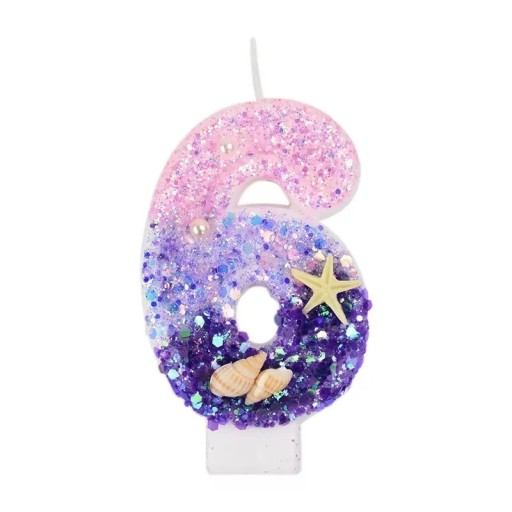 Vela de cumpleaños con forma del número 6 Vela ombré de color rosa violeta con conchas y estrellas de mar Decoración para tarta de mar Celebración