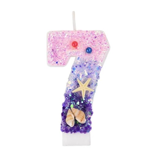 Vela de cumpleaños con forma del número 7 Vela ombré de color rosa violeta con conchas y estrellas de mar Decoración para tarta de mar Celebración