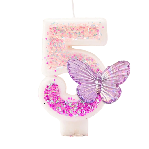 Vela de cumpleaños en forma de número 5 7,5 cm Vela rosa con purpurina y mariposa Decoración de parafina para pastel de cumpleaños