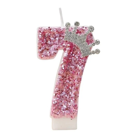 Vela de cumpleaños rosa con número y corona de 7,5 cm, decoración de princesa para fiesta de niñas, feliz cumpleaños