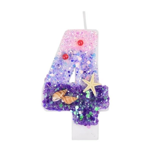 Vela en forma del número 4 Estilo marinero Colores morado-rosa Vela decorativa de cumpleaños con purpurina Conchas y estrellas de mar para tarta
