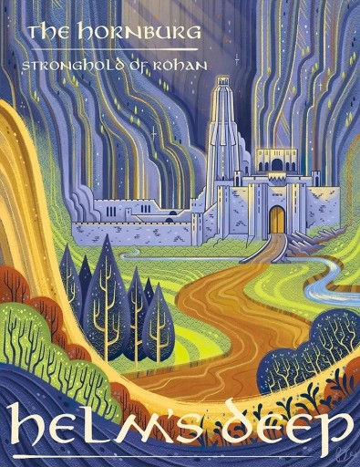 Velkoformátový plakát na zeď Hláskův důl Helm's Deep fantasy motiv 50 × 70 cm tisk na plátno modro-žluté provedení dekorace bez rámu