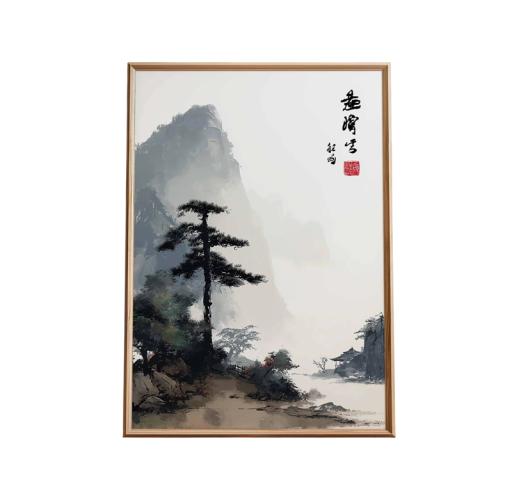 Velkoformátový plakát na zeď krajina v mlze japonský motiv 50 × 70 cm tisk na plátno šedá bílá přírodní obraz do interiéru bez rámu