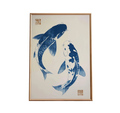 Velký plakát na zeď dva koi kapři japonský motiv 50 × 70 cm tisk na plátno modro bílý vzor dekorace do interiéru bez rámu