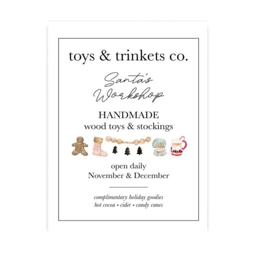 Velký vánoční plakát na zeď Santova dílna s nápisem 50 × 70 cm tisk na plátno bílé pozadí s černým textem a ilustracemi bez rámu