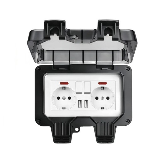 Venkovní dupla aljzat kapcsolóval és 2x USB, 16 A, 220 V, vízálló IP66, fedéllel, fekete, falra szerelhető kertbe, teraszra és garázsba