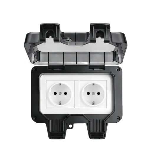 Venkovní dvojitá zásuvka EU s uzemněním, voděodolná IP66, 16 A, 220 V, nástěnný plastový kryt s víkem, černá, na zahradu a terasu