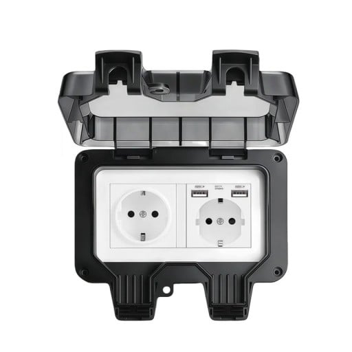 Venkovní dvojitá zásuvka s 2x USB, voděodolná, EU, 16 A, 220 V, 17 x 11 cm, na omítku, s uzamykatelným víkem, černá, na zahradu a terasu
