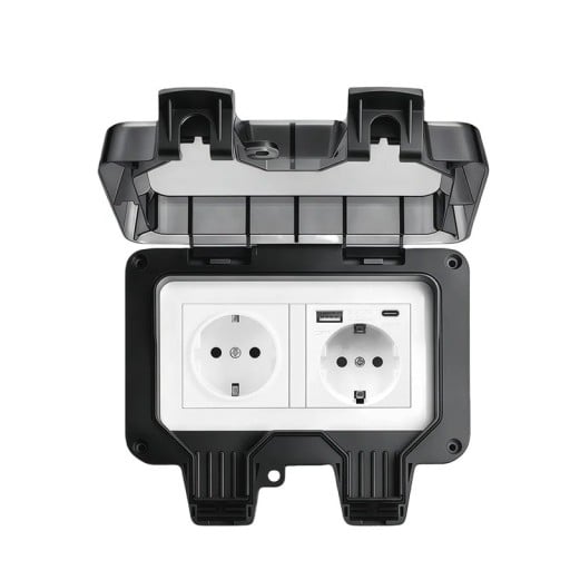 Venkovní dvojitá zásuvka s USB a USB-C, voděodolná IP66, 16A 220V, plastová na omítku s víčkem, černá, na zahradu, terasu i do garáže