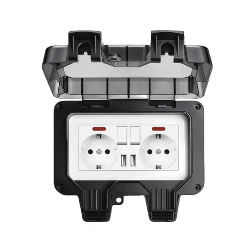 Venkovní dvojitá zásuvka s vypínačem a 2x USB, 16 A, 220 V, voděodolná IP66, s víčkem, černá, na zeď pro zahradu, terasu a garáž