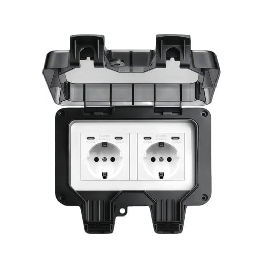 Venkovní voděodolná dvojitá zásuvka EU IP66 s uzamykatelným víkem, 16 A, 220 V, 4× USB-C, černá, na omítku, pro zahradu a terasu