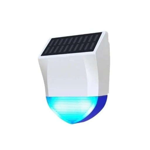 Venkovní WiFi sziréna riasztó 95 dB tamper védelemmel, napelemmel és USB-C-vel, 18650 akkumulátorral, IPX5, fehér-kék, házhoz és kerthez