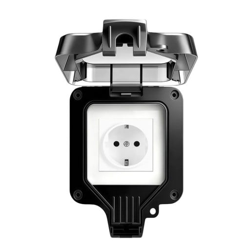 Venkovní zásuvka voděodolná EU 16A 220V s odklopným krytem a těsněním, uzamykatelná plastová krabice 11 × 11 cm, černá, pro zahradu a garáž