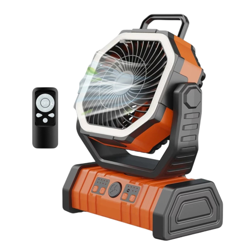 Ventilador de camping laranja com luz LED 20000mAh Ventilador portátil sem fios com gancho Controlo remoto 4 velocidades Bateria 15W 5V