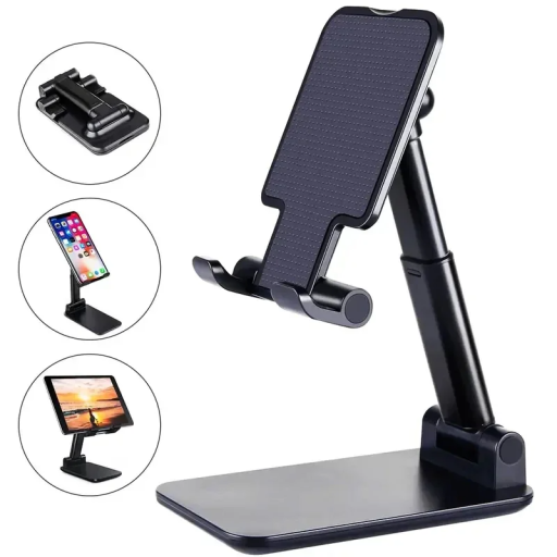 Verstelbare mobiele telefoonhouder voor op het bureau met draaibare kop. Antislipvoet. Opvouwbaar ontwerp voor gebruik op het bureau en thuis.