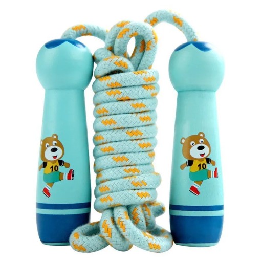 Verstellbares Springseil für Kinder mit Holzgriff, blaues Springseil mit Bär, Baumwollseil, Springspielzeug für Kinder