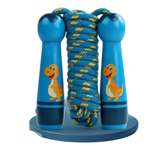 Verstellbares Springseil für Kinder mit Holzgriff, blaues Springseil mit Dinosaurier-Trainingshilfe aus Baumwollseil