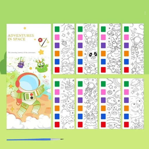Vesivärityskirja lapsille Avaruusseikkailut 12 sivua 18,7 x 8 cm akvarelliväritys paletilla ja siveltimellä