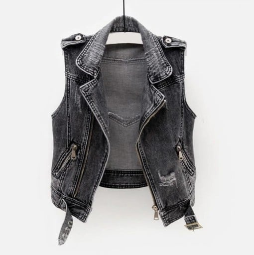 Vesta de ganga feminina sem mangas em estilo motociclista Fecho diagonal Lapelas largas Bolsos com fecho Náramenos Tiras