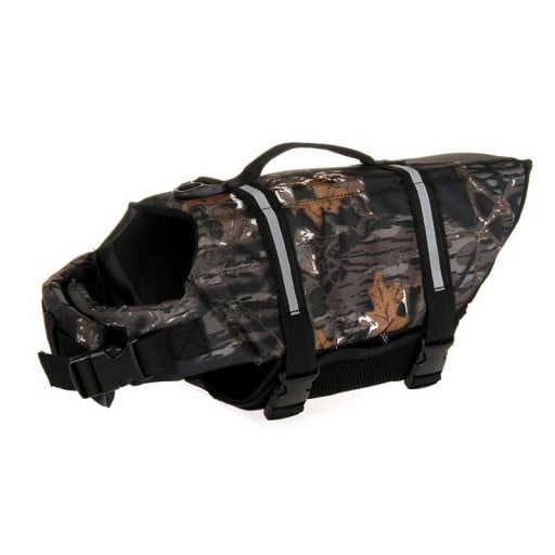 Vestă de salvare pentru câini mici cu mâner pe spate Camuflaj maro-negru Lungimea spatelui 21 cm Circumferința pieptului 30 până la 42 cm Pentru câini de 1,5 până la 3,5 kg