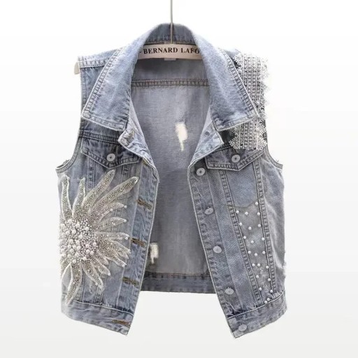 Vestă din denim pentru femei cu guler și detalii decorative