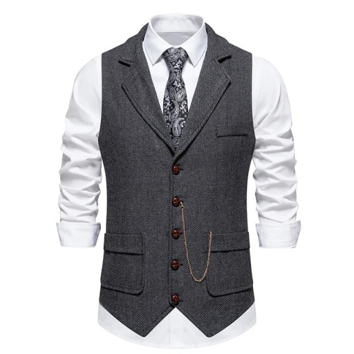 Vestă elegantă pentru bărbați cu lanț și buzunare Vestă uni cu guler și nasturi Vestă formală de ocazie POLIESTER SPANDEX