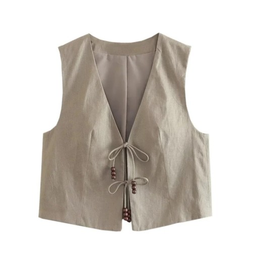 Vestă elegantă pentru femei, simplă, cu decolteu în V, închidere cu șnur, vestă din poliester fără mâneci, disponibile în diverse culori