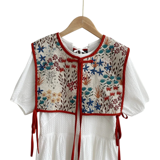 Vesta florală pentru femei cu legare, mărime universală, bumbac, cașmir, bej, cu bordură roșie, fără mâneci, pentru stratificare