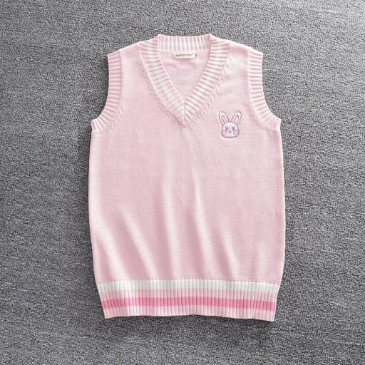 Vestă tricotată pentru femei cu decolteu în V și broderie de iepure Vestă roz fără mâneci cu dungi albe și margine ribbed Bumbac