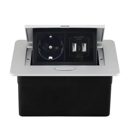 Vestavná výsuvná zásuvka 1× EU + 2× USB A + 1× USB C 153 × 117 mm hliníkový kryt 250 V s pomalým výsuvem do pracovní desky