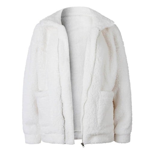 Veste chaude en peluche pour femmes avec fermeture éclair et large col Coupe ample avec épaules tombantes Deux grandes poches avant