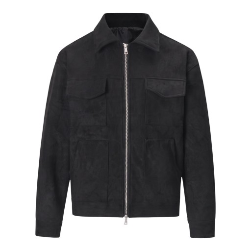 Veste d'automne en suède pour homme avec fermeture éclair métallique, col chemise et quatre poches avant, coupe droite courte