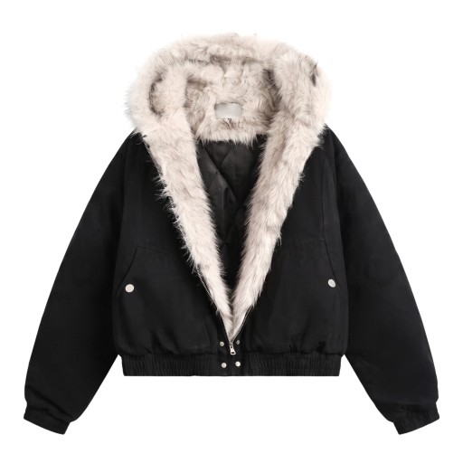 Veste d'hiver courte avec capuche bordée de fourrure à zip avec doublure matelassée et bord élastique à la taille et aux manches