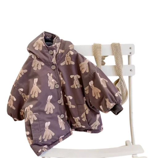 Veste d'hiver pour enfants avec motif de lapins Veste à boutons avec capuche et poches Unisexe manteau en coton chaud pour garçons et filles Vêtements d'hiver confortables