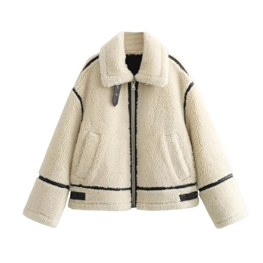 Veste d'hiver pour femmes en polyester beige avec zip et fourrure Col chaud et poches Manteau élégant et chaud pour un usage quotidien en hiver