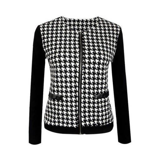 Veste de printemps pour femmes avec motif pied-de-poule Noir et blanc avec manches noires Coupe ajustée Col rond Zip et deux poches Polyester