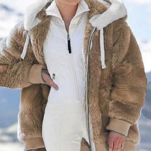 Veste en peluche pour femmes avec capuche doublée en peluche blanche Fermeture éclair Cordons dans la capuche Poignets et ourlet côtelés