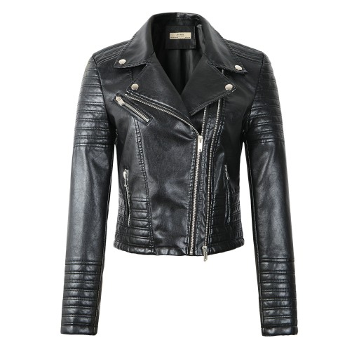 Veste en simili cuir noir pour femmes, coupe ajustée, fermeture éclair métallique asymétrique, épaules et manches matelassées, poches zippées, zips