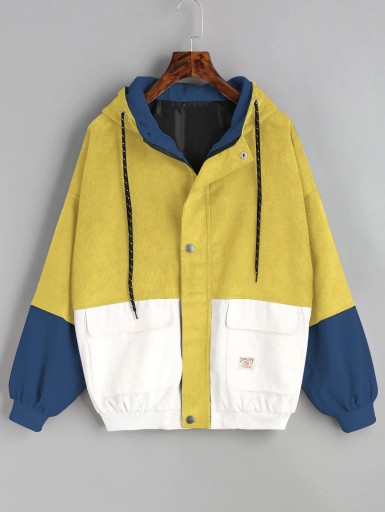 Veste en velours côtelé pour femmes Coupe ample avec blocs de couleur Fermeture à pressions Poches à rabat Manches resserrées Coton