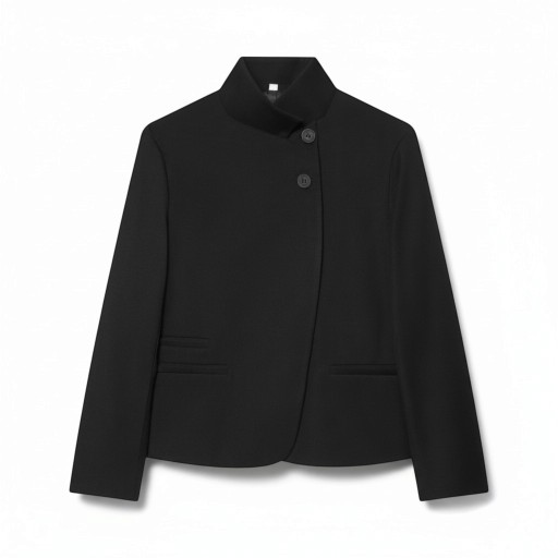 Veste Femme avec Col Montant Fermeture Asymétrique à Boutons Coupe Ajustée Plus Courte Poches Passepoilées Polyester Pour le Travail