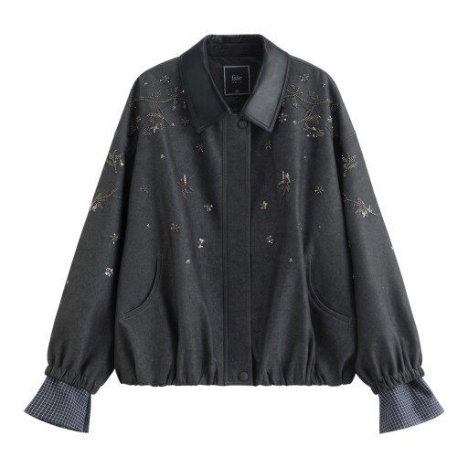 Veste femme avec perles et paillettes coupe oversize décontractée avec col et poignets à carreaux gris foncé veste de printemps pour la ville