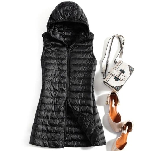 Veste longue en duvet pour femmes avec capuche sans manches Coupe matelassée prolongée Zip sur toute la longueur Rembourrage en plumes