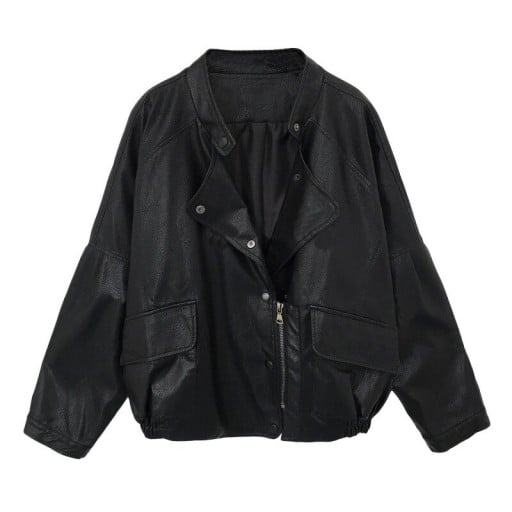 Veste oversize pour femme en simili cuir noire Col montant avec patte Fermeture éclair et boutons-pression Deux poches à rabat Épaules tombantes