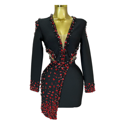Vestido curto elegante para senhora com pedras vermelhas e decote em V com mangas longas para baile e eventos sociais à noite na cor preta