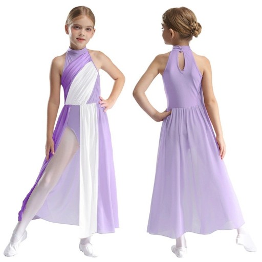 Vestido de baile largo para niña con escote halter, falda maxi bicolor y cuello alto, material nylon, poliéster, elastano, para actuaciones
